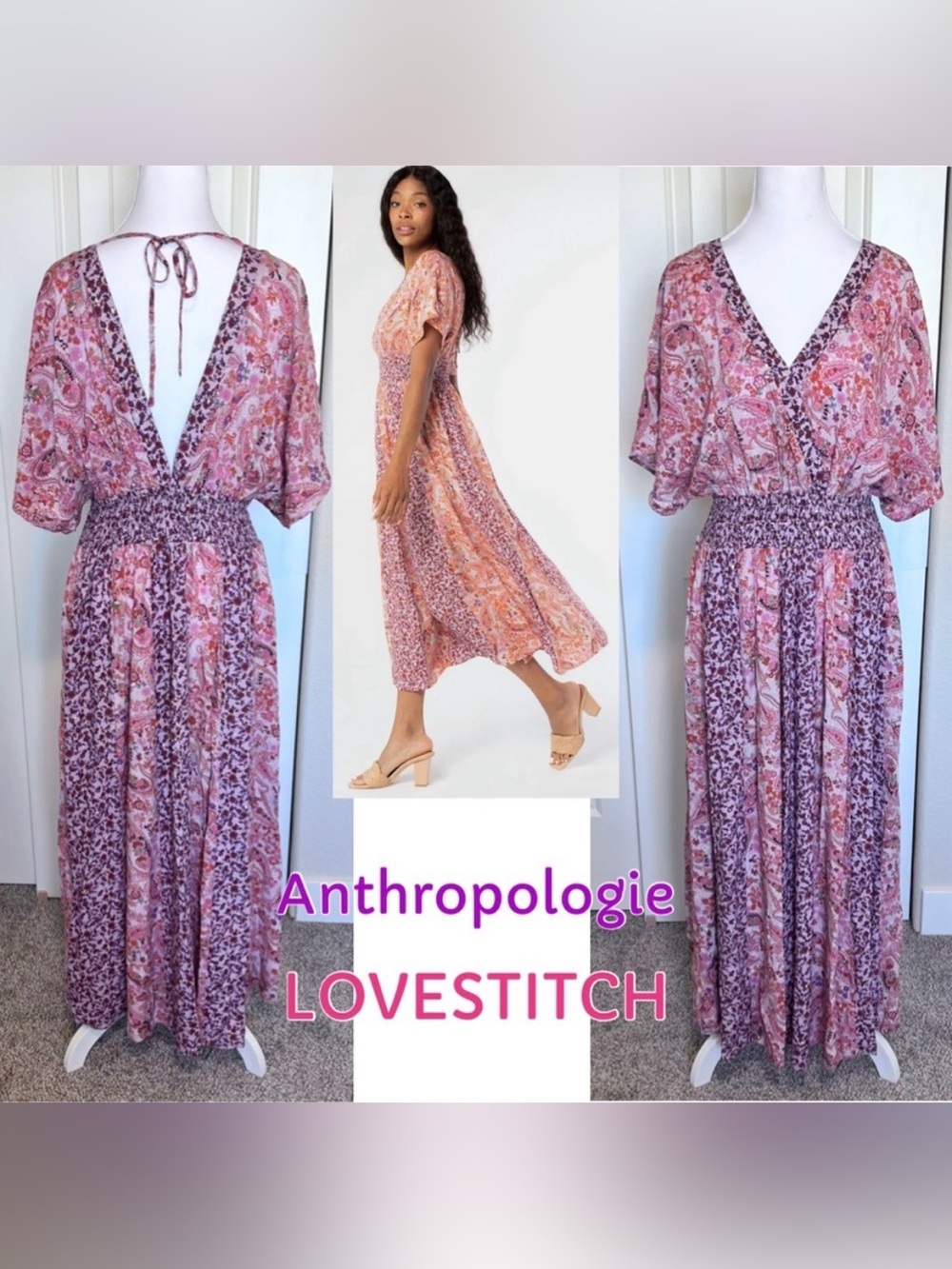 Anthropologie LOVESTITCH Maxi Dress Purple PinkOrange Paisley Open V Back Large